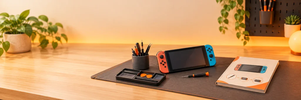 Illustration de tutoriels pour Nintendo Switch avec des outils de précision